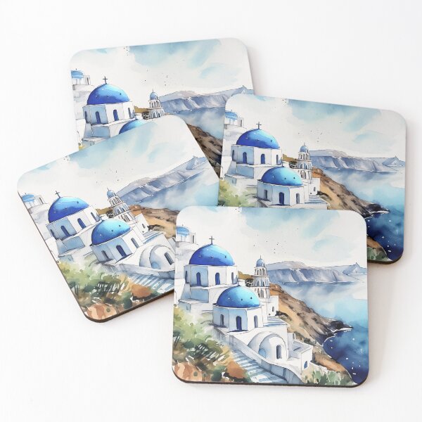 Item preview, Scenic watercolor painting of Santorini with whitewashed buildings and blue domes overlooking the Aegean Sea designed and sold by homydesign.