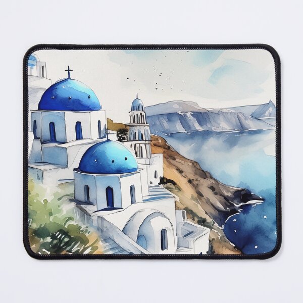 Item preview, Scenic watercolor painting of Santorini with whitewashed buildings and blue domes overlooking the Aegean Sea designed and sold by homydesign.