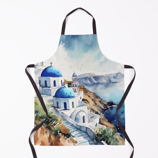 Item preview, Scenic watercolor painting of Santorini with whitewashed buildings and blue domes overlooking the Aegean Sea designed and sold by homydesign.