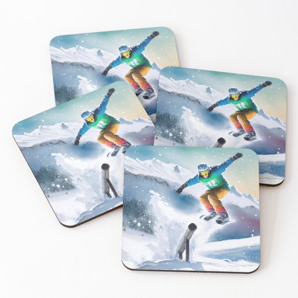 Item preview, A snowboarder performs a trick on a rail in a snowy mountain landscape under a clear sky, showcasing skill and adventure in winter sports designed and sold by homydesign.