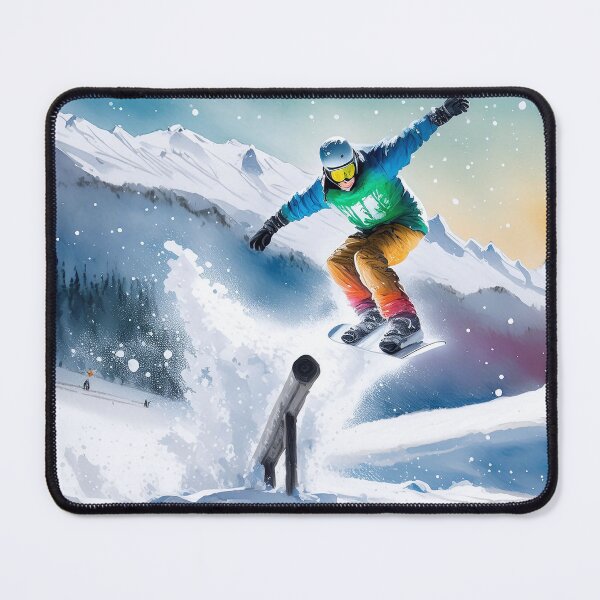 Item preview, A snowboarder performs a trick on a rail in a snowy mountain landscape under a clear sky, showcasing skill and adventure in winter sports designed and sold by homydesign.