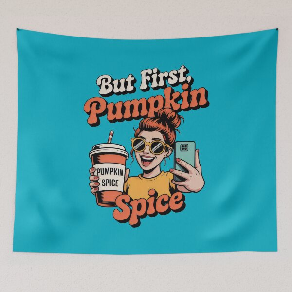 Item preview, Cheerful Woman Toasts to Fall with Pumpkin Spice in Hand designed and sold by SplashTastic.