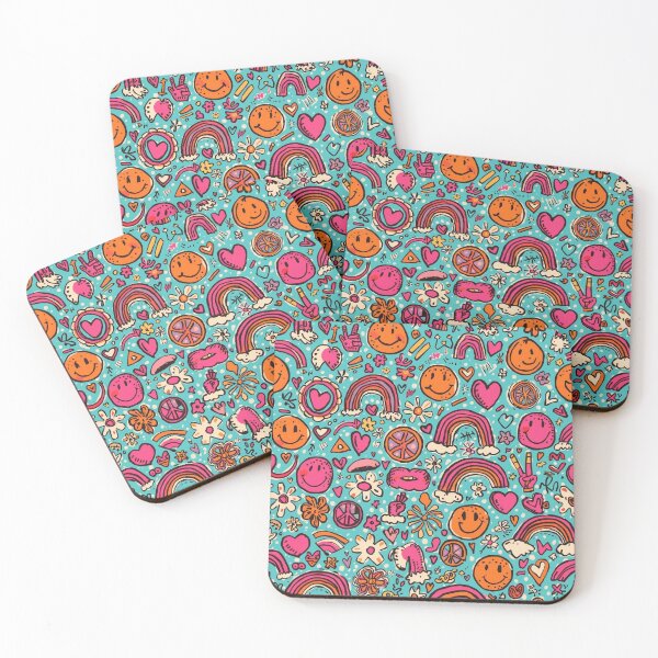 Item preview, Colorful Retro Print | Blue Smiley Heart & Flower Pattern designed and sold by Esterlane.