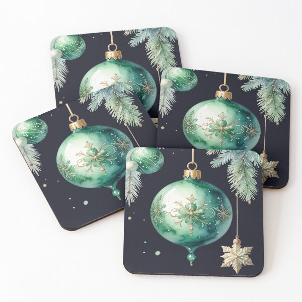 Item preview, Green winter magic, Christmas tree baubles with ornaments and fir branches in watercolor style designed and sold by LiskoDesign.