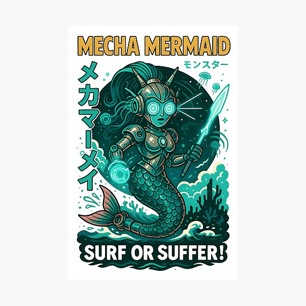 Item preview, Mecha Mermaid – Surf or Suffer! | Cyber Ocean Robot Art designed and sold by Snackwear Apparel.