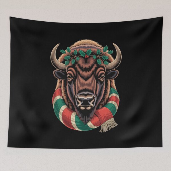 Item preview, Christmas Bison With Holly Wreath and Scarf Holiday Art designed and sold by Gogetgiggles.