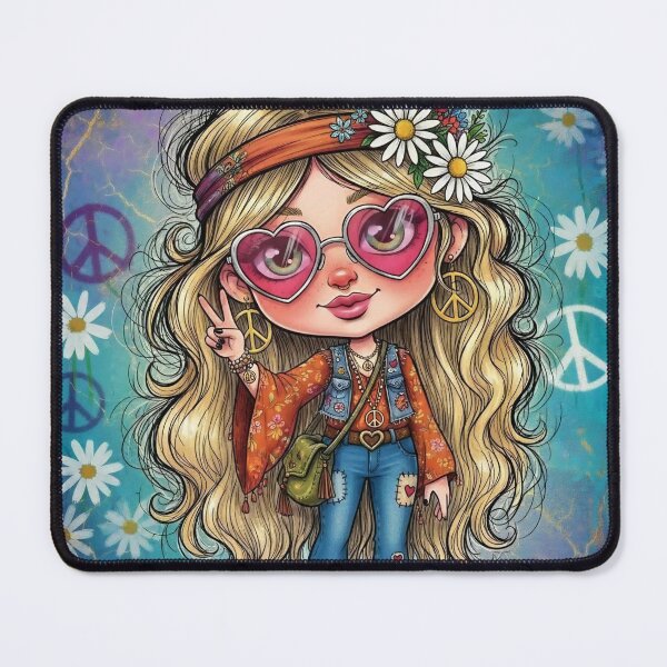 Item preview, Cute Hippie Girl Peace Sign — 70s Boho Cartoon Illustration with Heart Sunglasses and Daisies designed and sold by Pixel Pout.