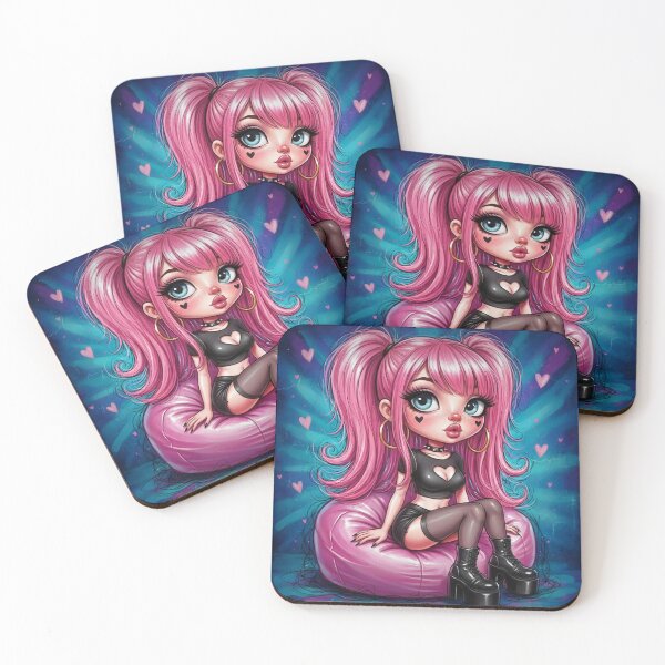 Item preview, Cute Pink Goth Girl Sitting on Bean Bag — Chibi Punk Illustration with Heart Cutout Top and Platform Boots designed and sold by Pixel Pout.