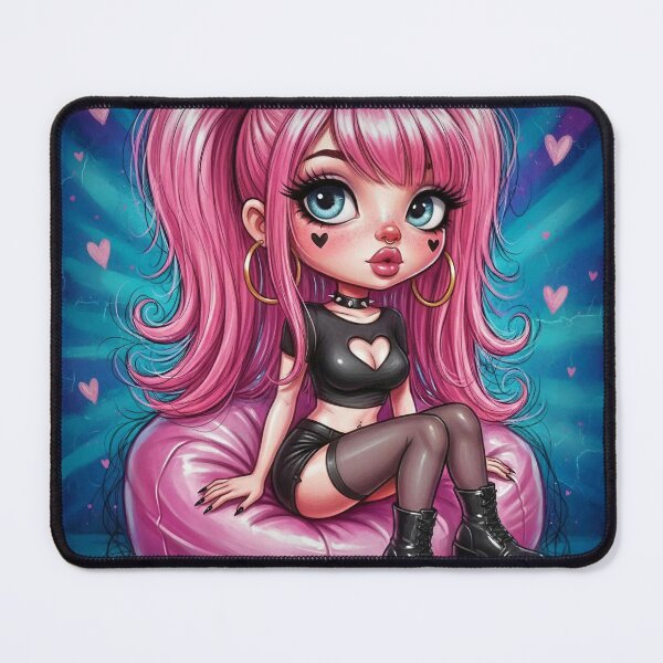 Item preview, Cute Pink Goth Girl Sitting on Bean Bag — Chibi Punk Illustration with Heart Cutout Top and Platform Boots designed and sold by Pixel Pout.