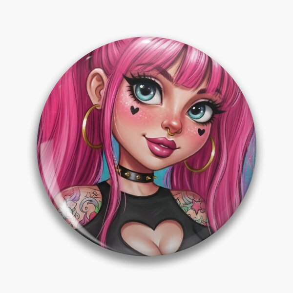 Item preview, Pink Goth Girl Portrait — Cute E‑Girl with Heart Cutout Top, Pigtails, Tattoos and Hoop Earrings designed and sold by Pixel Pout.