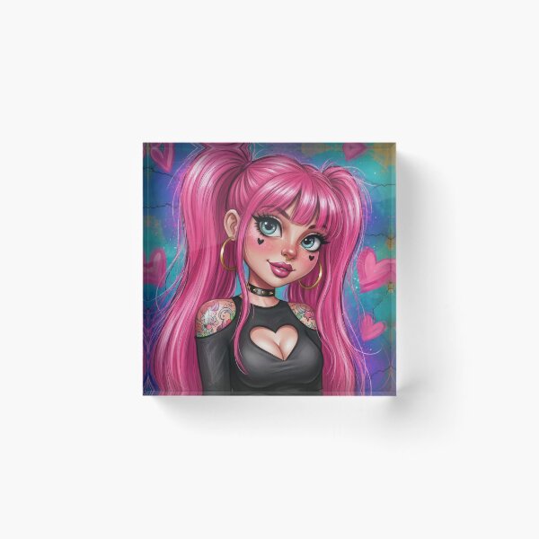 Item preview, Pink Goth Girl Portrait — Cute E‑Girl with Heart Cutout Top, Pigtails, Tattoos and Hoop Earrings designed and sold by Pixel Pout.