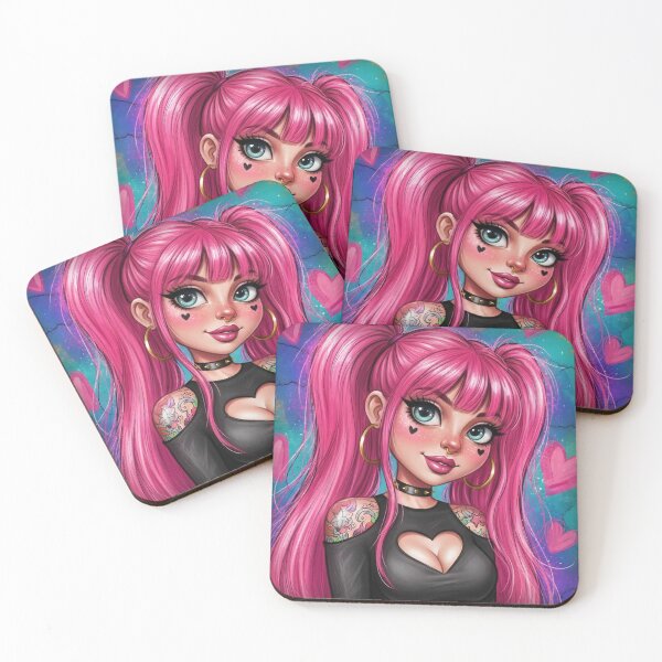 Item preview, Pink Goth Girl Portrait — Cute E‑Girl with Heart Cutout Top, Pigtails, Tattoos and Hoop Earrings designed and sold by Pixel Pout.
