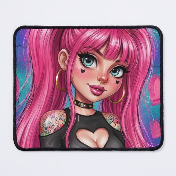 Item preview, Pink Goth Girl Portrait — Cute E‑Girl with Heart Cutout Top, Pigtails, Tattoos and Hoop Earrings designed and sold by Pixel Pout.