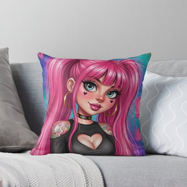 Item preview, Pink Goth Girl Portrait — Cute E‑Girl with Heart Cutout Top, Pigtails, Tattoos and Hoop Earrings designed and sold by Pixel Pout.