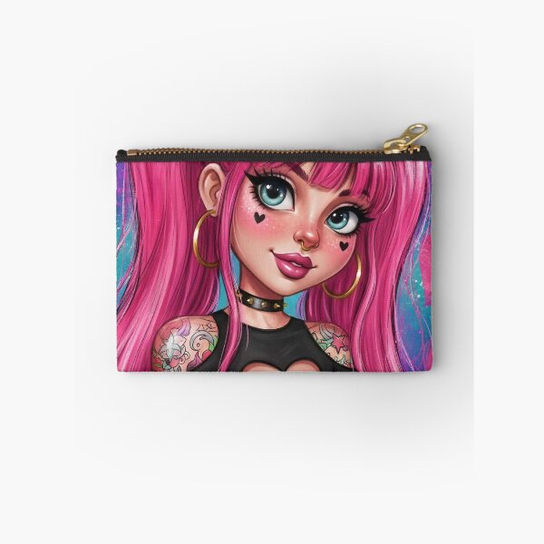 Item preview, Pink Goth Girl Portrait — Cute E‑Girl with Heart Cutout Top, Pigtails, Tattoos and Hoop Earrings designed and sold by Pixel Pout.