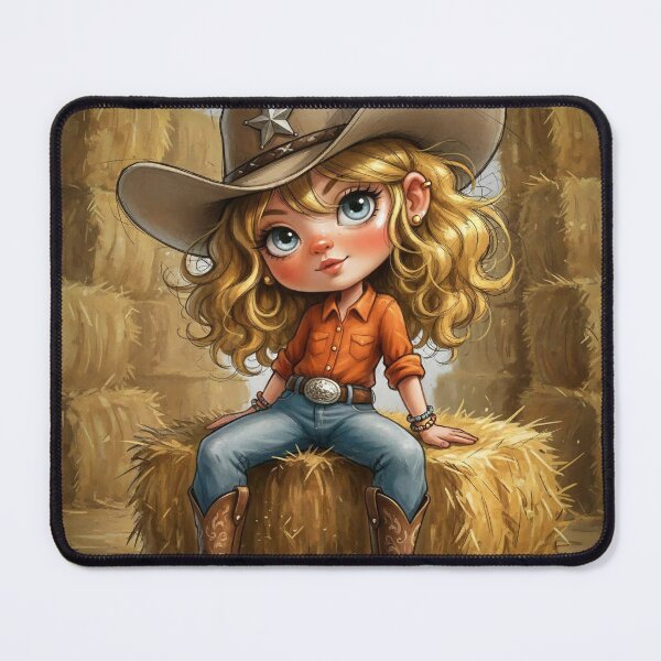 Item preview, Cute Cowgirl Sitting on Hay Bales — Western Cartoon Illustration with Hat, Boots and Sheriff Star designed and sold by Pixel Pout.