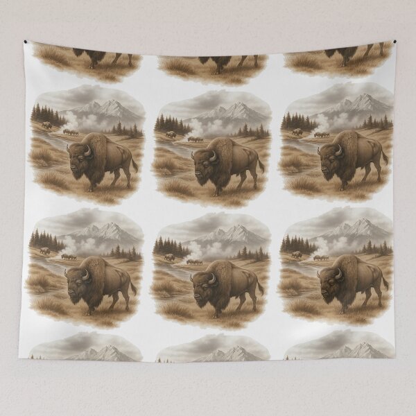 Item preview, American Bison in Mountain Valley Scene designed and sold by ArtfulWeave.