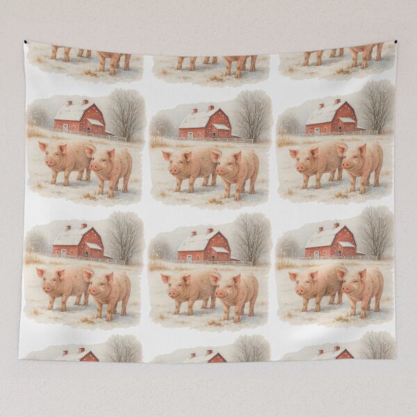 Item preview, Winter Farm Scene with Pigs and Red Barn designed and sold by ArtfulWeave.