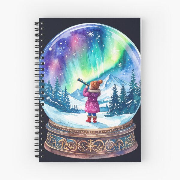 Item preview, Magical Northern Lights in a snow globe, girl observes polar night with a telescope designed and sold by LiskoDesign.