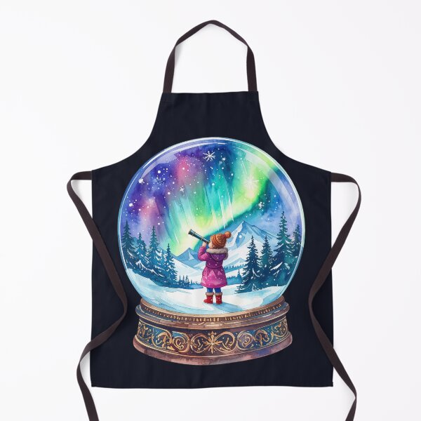 Item preview, Magical Northern Lights in a snow globe, girl observes polar night with a telescope designed and sold by LiskoDesign.