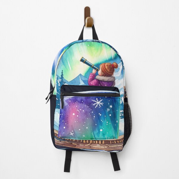 Item preview, Magical Northern Lights in a snow globe, girl observes polar night with a telescope designed and sold by LiskoDesign.