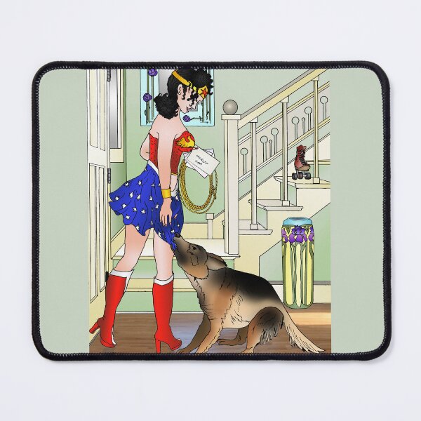 Item preview, German Sheppard tugs on Wonder woman's skirt designed and sold by djbarland.