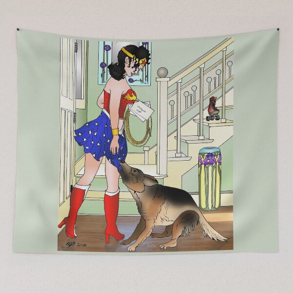 Item preview, German Sheppard tugs on Wonder woman's skirt designed and sold by djbarland.