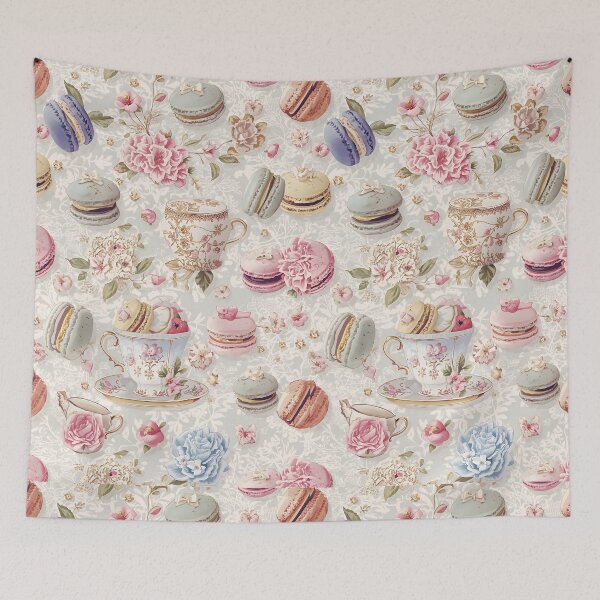 Item preview, Elegant French Macarons and Antique Teacups Floral Watercolor Pattern designed and sold by MoonlitDoodles1.