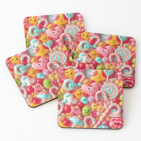 Item preview, Glossy Kawaii Happy Candy Faces and Sweet Hearts Cute Pattern designed and sold by MoonlitDoodles1.