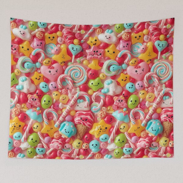 Item preview, Glossy Kawaii Happy Candy Faces and Sweet Hearts Cute Pattern designed and sold by MoonlitDoodles1.