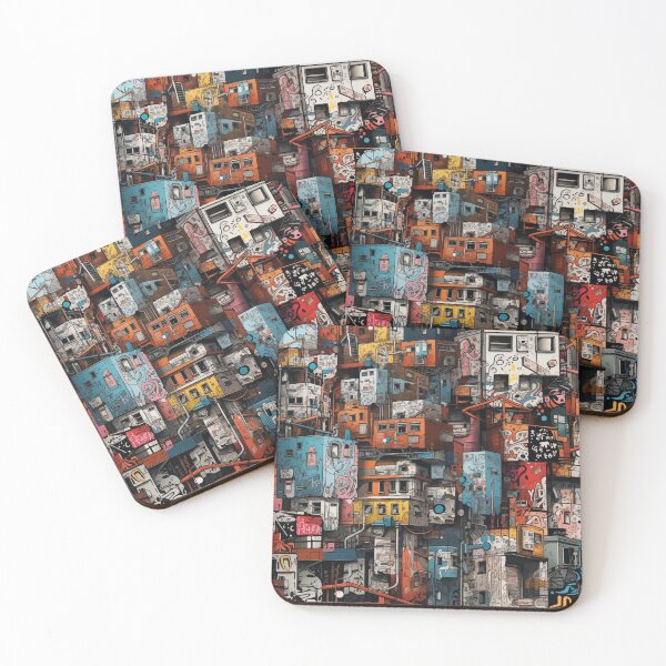Item preview, Vibrant Labyrinth of Urban Density: A Graffiti-Covered, Overlapping Tapestry of Slum Architecture and Electric Hues designed and sold by Epsydon Designers.