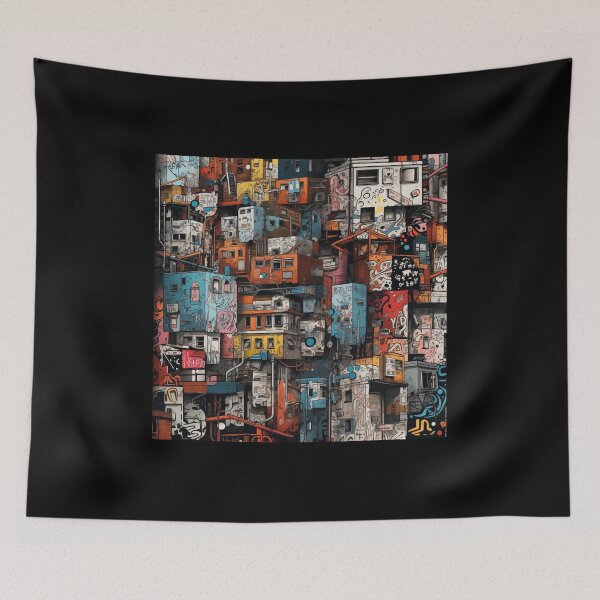 Item preview, Vibrant Labyrinth of Urban Density: A Graffiti-Covered, Overlapping Tapestry of Slum Architecture and Electric Hues designed and sold by Epsydon Designers.