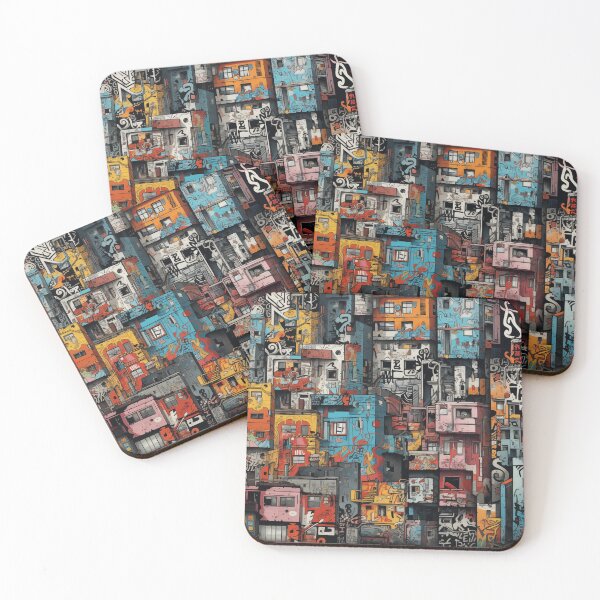 Item preview, Vibrant Labyrinth of Urban Density: A Graffiti-Covered, Overlapping Tapestry of Slum Architecture and Electric Hues designed and sold by Epsydon Designers.