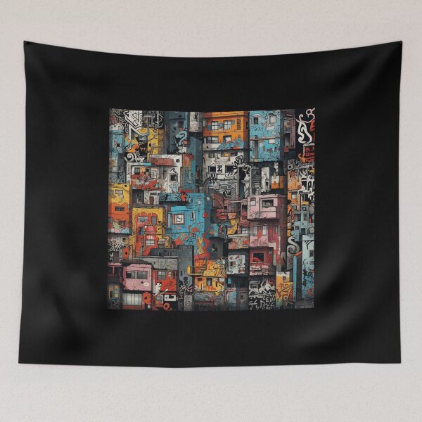 Item preview, Vibrant Labyrinth of Urban Density: A Graffiti-Covered, Overlapping Tapestry of Slum Architecture and Electric Hues designed and sold by Epsydon Designers.