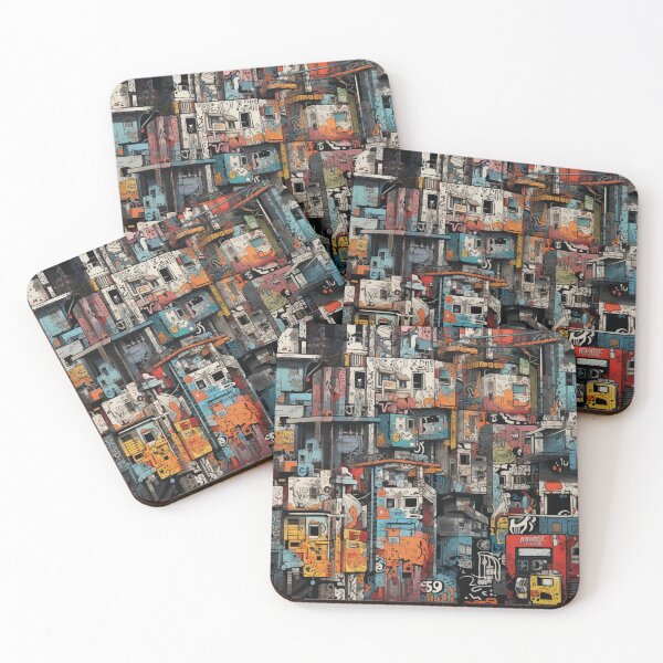Item preview, Vibrant Labyrinth of Urban Density: A Graffiti-Covered, Overlapping Tapestry of Slum Architecture and Electric Hues designed and sold by Epsydon Designers.
