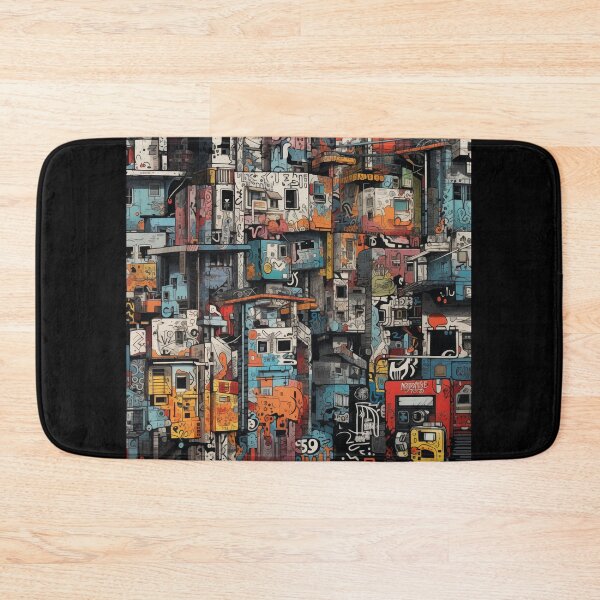 Item preview, Vibrant Labyrinth of Urban Density: A Graffiti-Covered, Overlapping Tapestry of Slum Architecture and Electric Hues designed and sold by Epsydon Designers.
