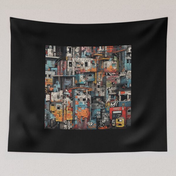Item preview, Vibrant Labyrinth of Urban Density: A Graffiti-Covered, Overlapping Tapestry of Slum Architecture and Electric Hues designed and sold by Epsydon Designers.