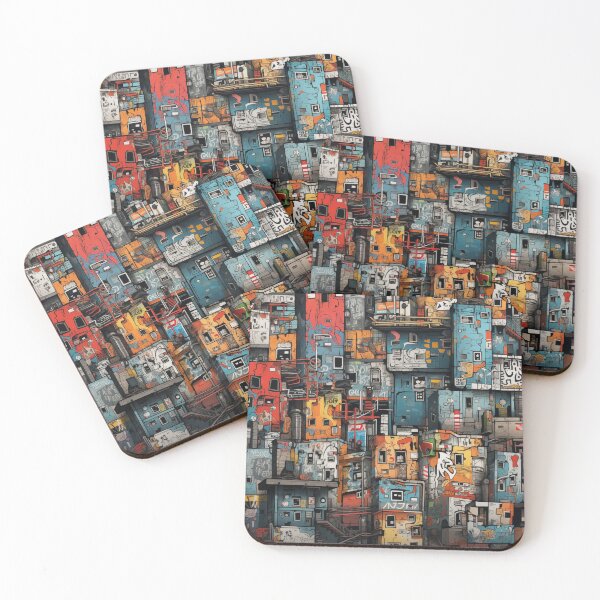 Item preview, Vibrant Labyrinth of Urban Density: A Graffiti-Covered, Overlapping Tapestry of Slum Architecture and Electric Hues designed and sold by Epsydon Designers.
