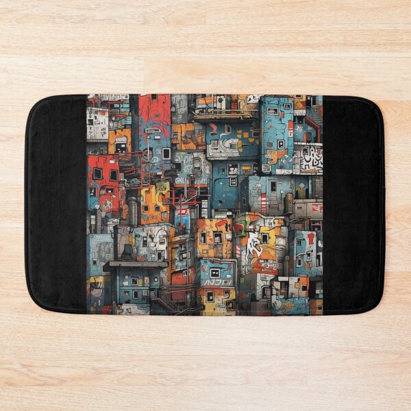 Item preview, Vibrant Labyrinth of Urban Density: A Graffiti-Covered, Overlapping Tapestry of Slum Architecture and Electric Hues designed and sold by Epsydon Designers.