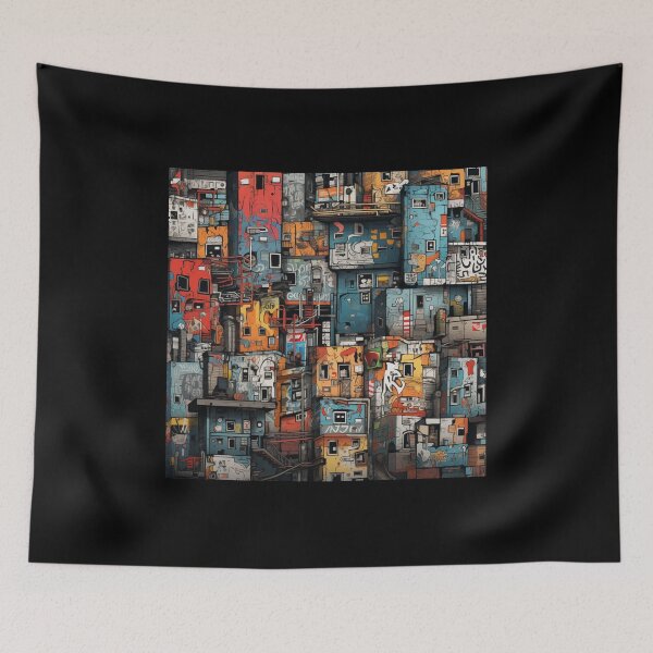 Item preview, Vibrant Labyrinth of Urban Density: A Graffiti-Covered, Overlapping Tapestry of Slum Architecture and Electric Hues designed and sold by Epsydon Designers.