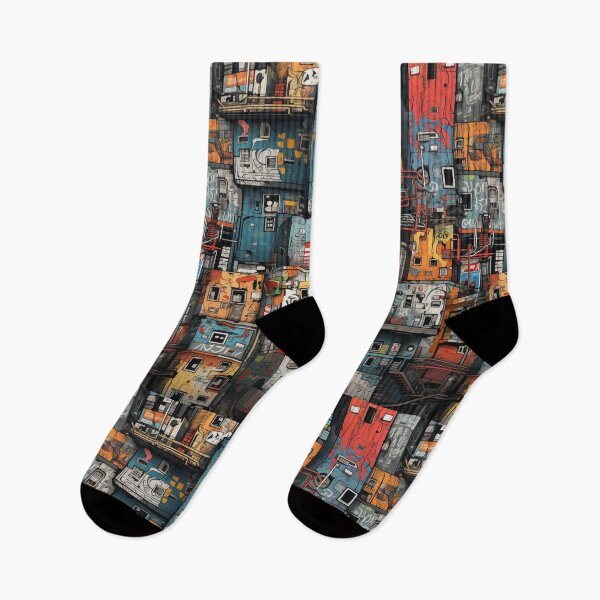 Item preview, Vibrant Labyrinth of Urban Density: A Graffiti-Covered, Overlapping Tapestry of Slum Architecture and Electric Hues designed and sold by Epsydon Designers.