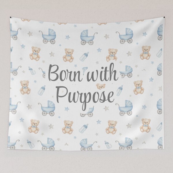Item preview, Born With Purpose - Christian Baby Quote Design | Faith-Inspired Nursery Pattern with Teddy Bears and Blue Strollers designed and sold by Gahyl7.