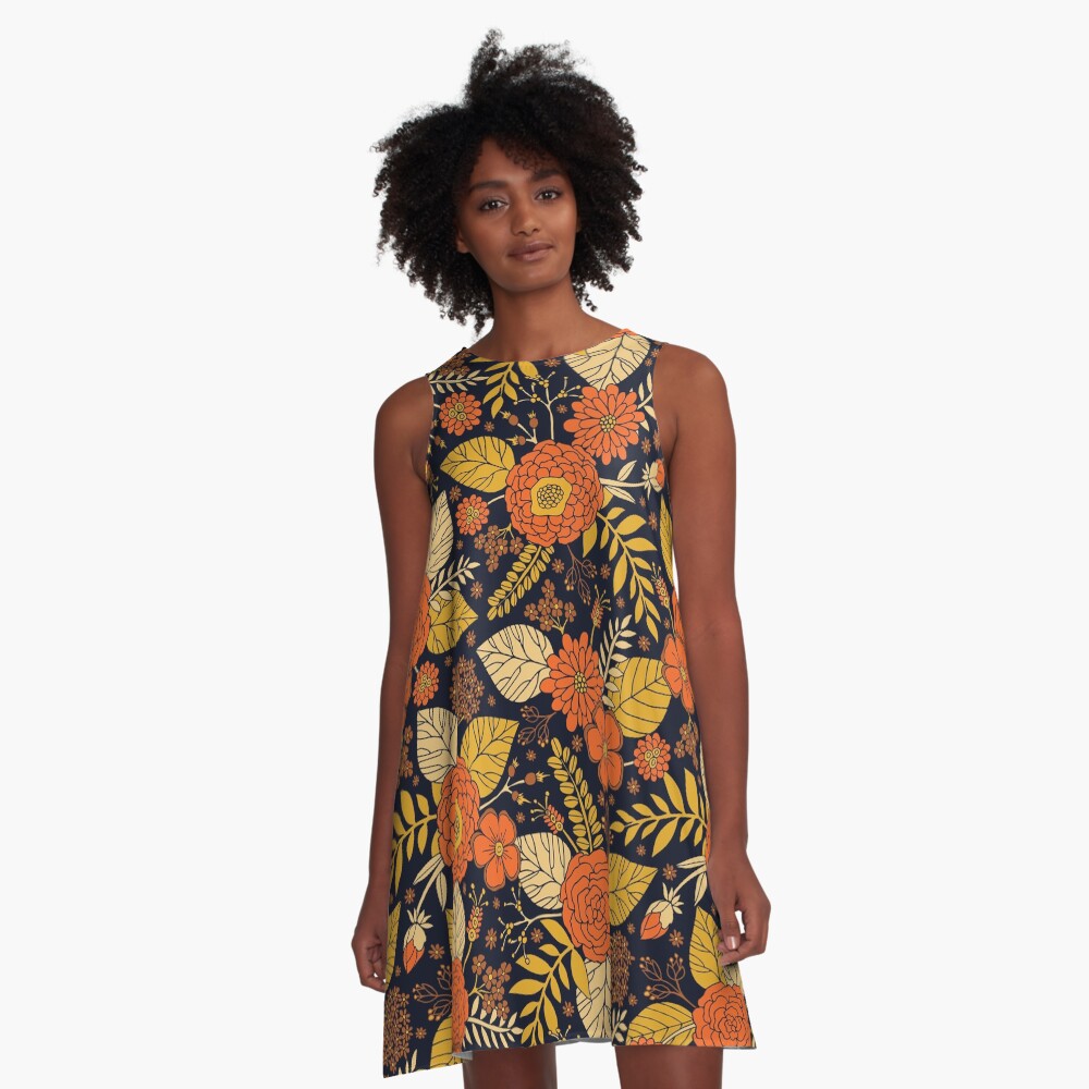 Retro Orange, Yellow, Brown, & Navy Floral Pattern A-Line Dress