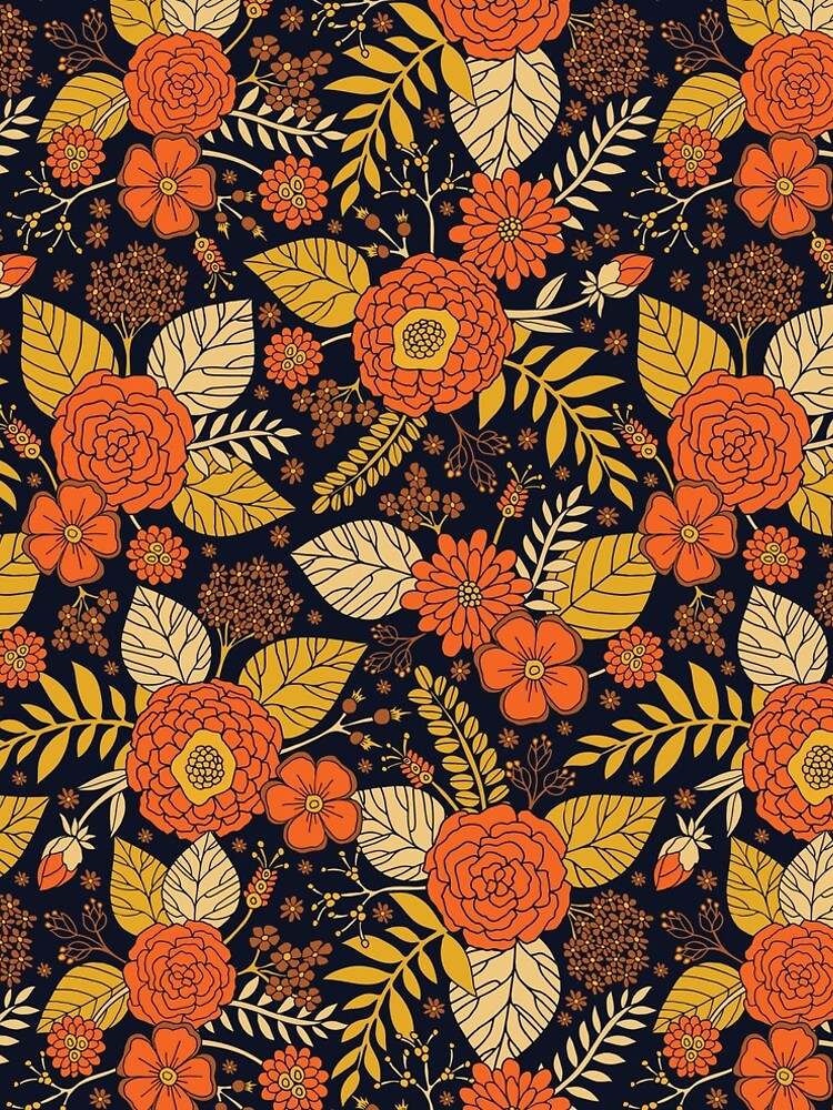 Retro Orange, Yellow, Brown, & Navy Floral Pattern by somecallmebeth