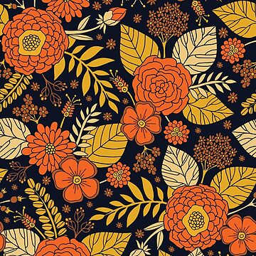 Artwork thumbnail, Retro Orange, Yellow, Brown, & Navy Floral Pattern by somecallmebeth