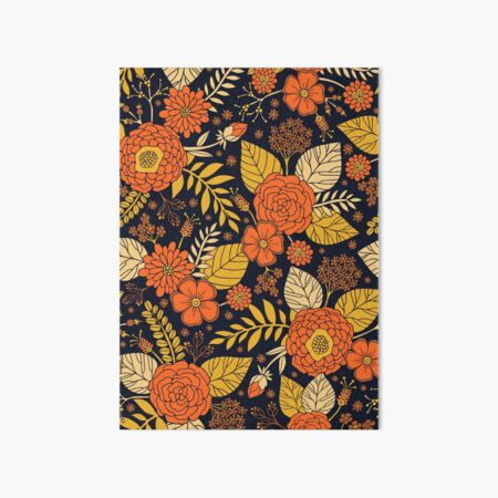 Retro Orange, Yellow, Brown, & Navy Floral Pattern Art Board Print