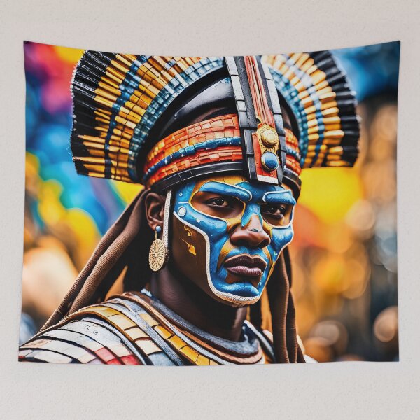 Aperçu de l'œuvre Chef au visage bleu – Œuvre d'art tribale audacieuse créée et vendue par PawPrintedArt.