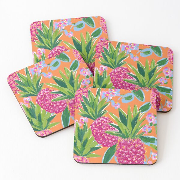 Item preview, Preppy pink pineapples and flowers on orange designed and sold by SophieClimaArt.