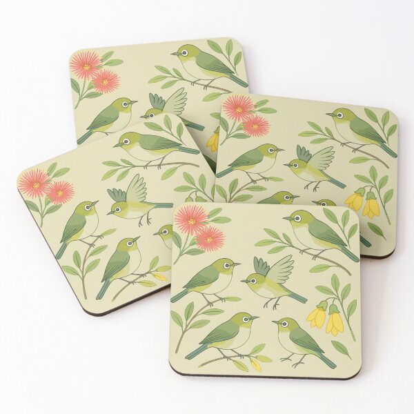 Item preview, Silvereye Watercolour Pattern – Kowhai & Pohutukawa designed and sold by MvuuStudio.