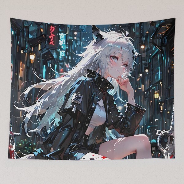 Artikelvorschau, Prelude Lappland Cyberpunk Night Arknights Anime Girl City Street entworfen und verkauft von Raslbazola.